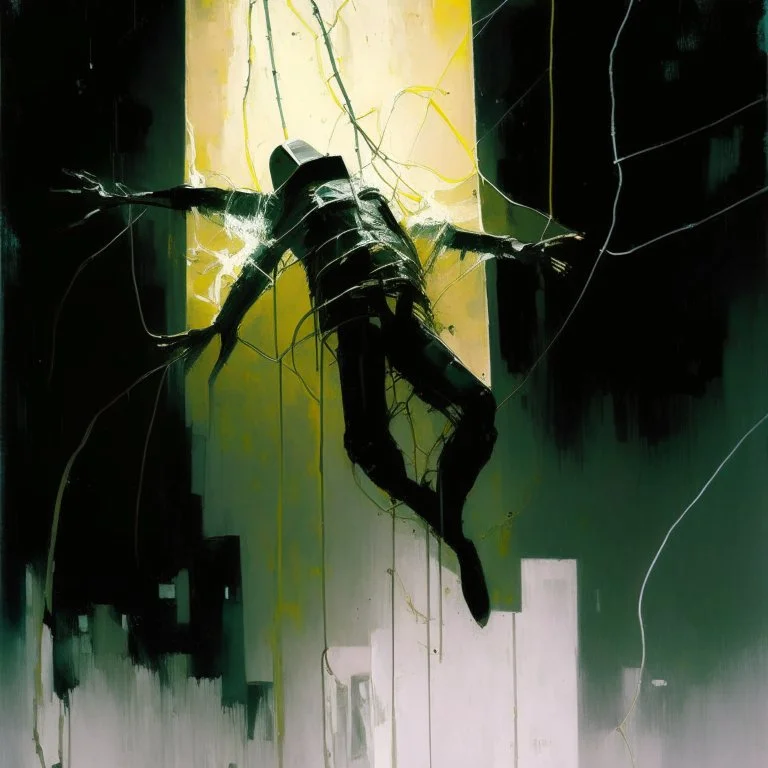 Minimal abstract oil painting of a falling person limbs sinew. Wearing hazmat suit. concrete fragments architecture and hanging wires illuminated at night. In the style of Justin Mortimer and Phil Hale and Ashley Wood