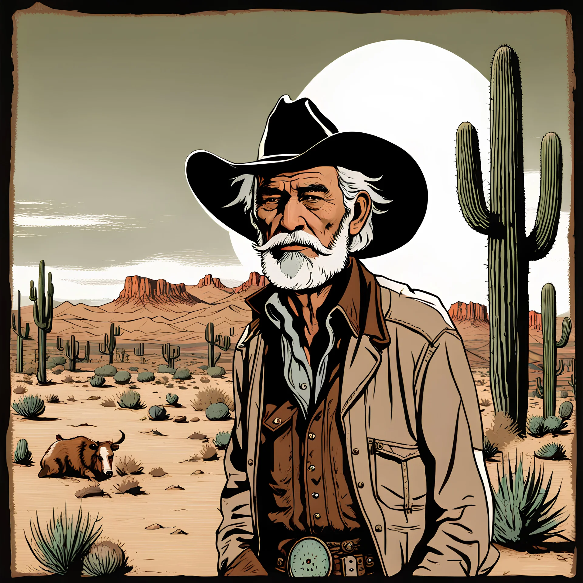 A grizzled old cowboy holding up a sign that says "Nightcafe users Mods walk among you", A grizzled old cowboy holding up a sign that says "Nightcafe users Mods walk among you" Background mojave desert with cactus and old cattle skulls by Saturno Butto and Dorian Vallejo