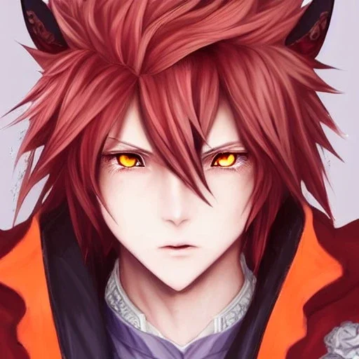 final fantasy 14, final fantasy, detailed anime boy, crimson red hair, wolf ears protruding out, orange colored eyes, white trench coat, intricate details, full body portrait, keep head in frame, slight smile with a single fang exposed, black Japanese motif, concept art, highly detailed, digital painting, concept art, sharp focus, illustration, art by Yoji Shinkawa, WLOP and greg rutkowski and alphonse mucha and artgerm and yanjun Chen and Junji ito and Makoto Shinkai, HDR, octane render