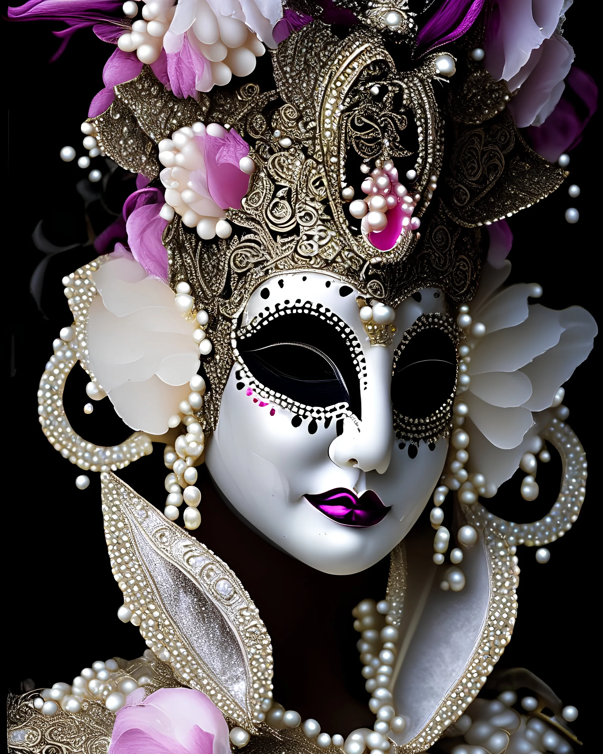 Beautiful venetian canial wite ad black bioluminescense and pink irridescensestyle woman adorned with pearl art, mollusk shell headress with mollusk shell colour water lily black irridescent flower wearing pearl art style mollusk shell ribbed costume metallic filigree venetian carnival style Golden dust make up, irridescent masque and costume organic bio spinal al ribbed bokeh mollusk pearl art shell background full florals lights extremely detailed hyperrealistic. Maximálist concept portrait ar