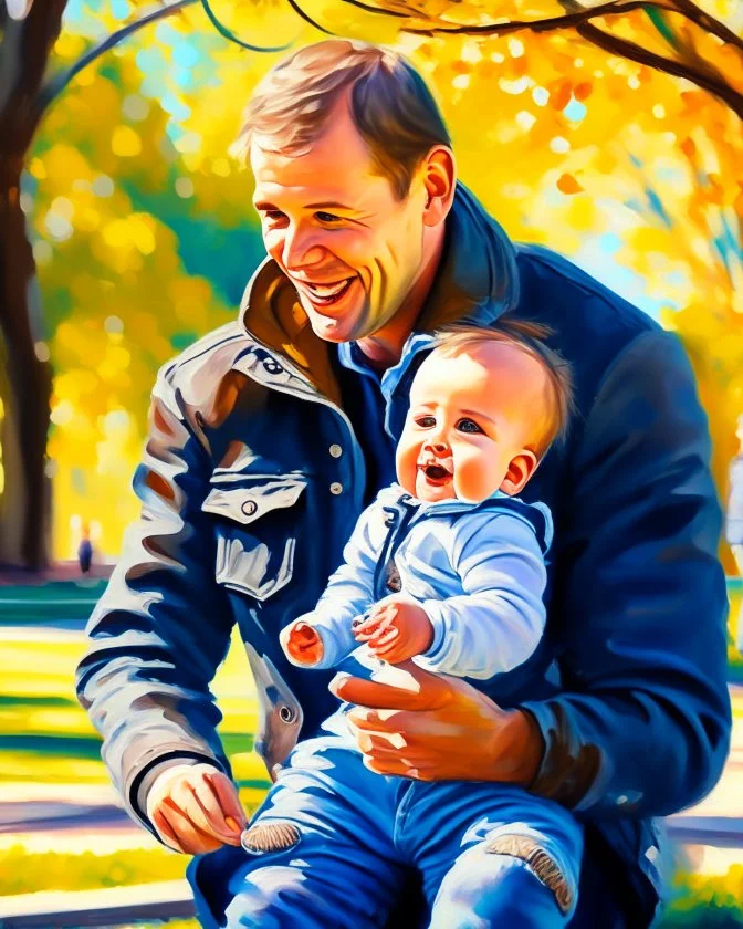 Papá alegre con su bebe jugando en el parque felíz cuerpo completo colores contrastantes obra de arte arte impresionista impactante detallado ojos marrones hiperrealista 8k coherente