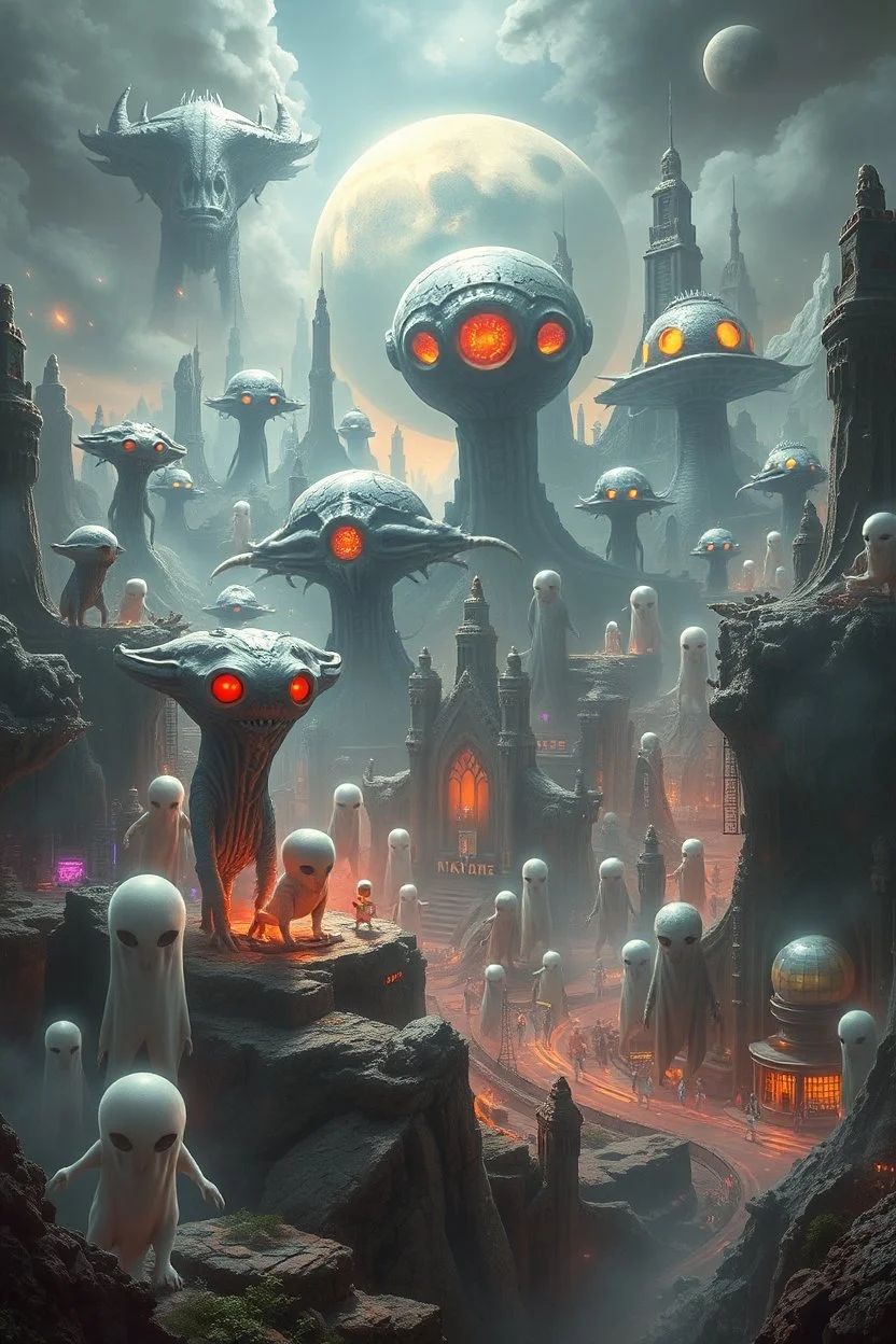 A captivating depiction in digital form, showcasing a plethora of extraordinary extraterrestrial creatures thriving within a surreal and lively ghosts realm. This imaginative artwork embodies the essence of science fiction, presenting a medium shot composition with fantastical beings that are unique, belonging to a world beyond our own. A modern city out of this world enhanced by atmospheric lighting, and breathtaking landscapes. Busch painting style nightmare