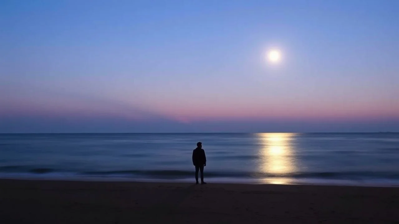 A solitary figure stands on a tranquil beach under a twilight sky, illuminated by the moonlight reflecting on calm waters, creating a serene and contemplative atmosphere.