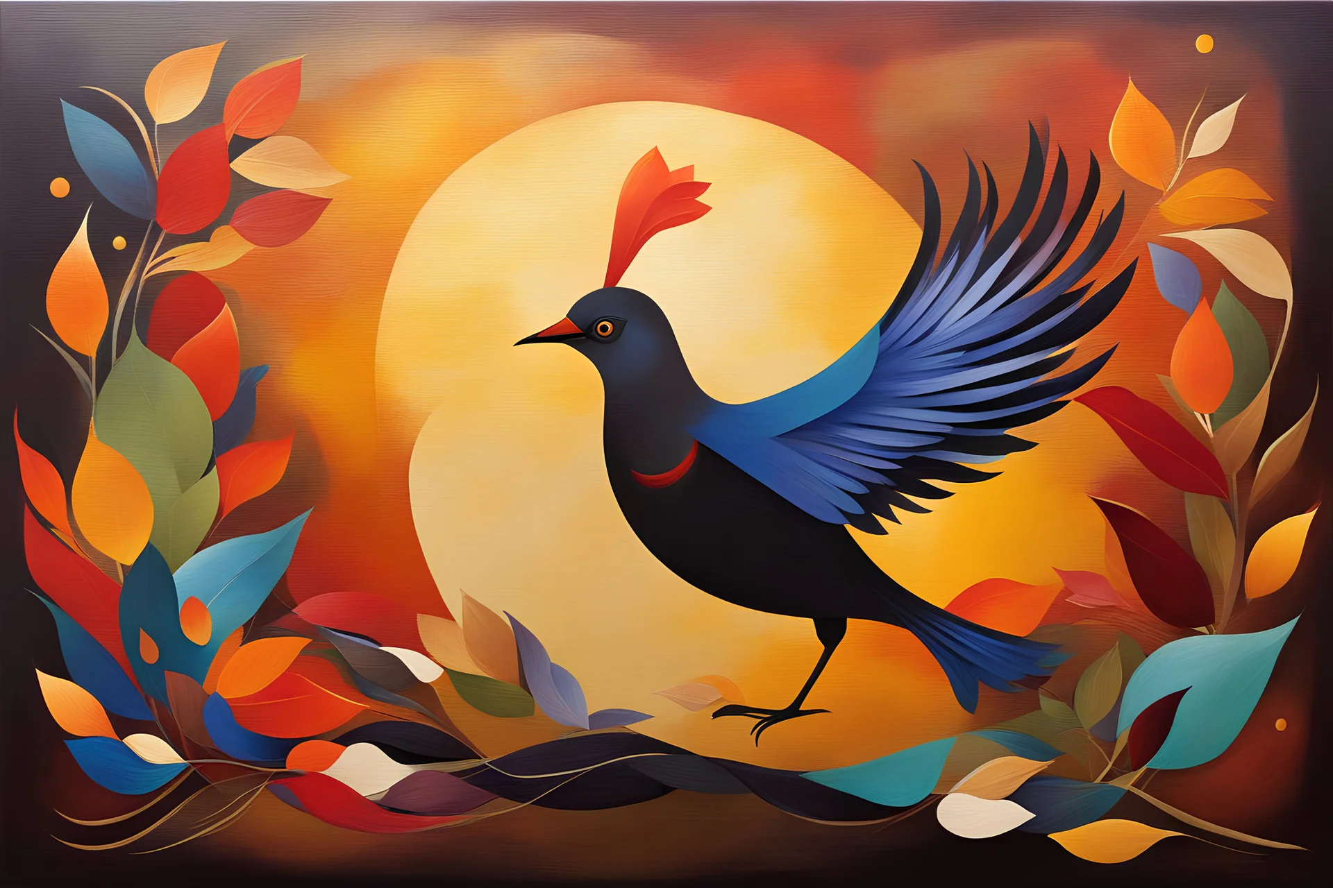 Create a painting of mysterious fortune Bird with two legs for wealth and busines growth, earthen background, vibrant rich dark colors combining with bstract shapes and warm color palettes, letting the painting take on an organic and earthy vibe