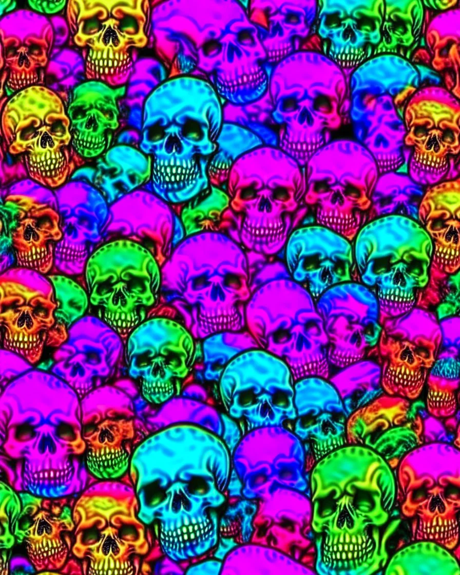 a field of skulls, multi colored, bright, vivid, psychedelic, high detailed, matte, , horrorcore, lining the street, unsettling contrast