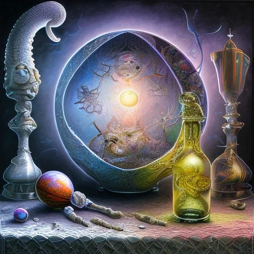 high-quality, fine-detail universe in a bottle on a tablecloth, melted crayon drawing, artwork, 8k, intricate, detailed, illustration, brian froud, howard lyon, george grie, ben goossens, anna dittman, jeffrey robert, don marco