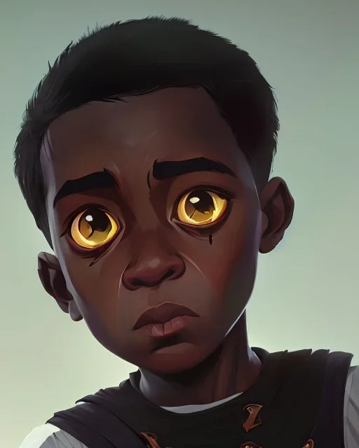 Portrait of a handsome black skinned toddler warlock boy with dark hair by Jim Kay