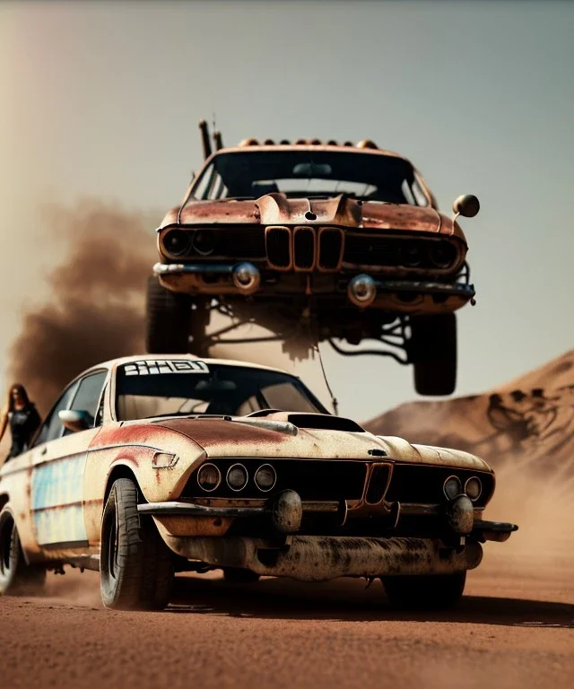 Realistic image. Mad max car. BMW 4 series. woman in the foreground. 4k resolution, intricate details, ornate details, soft lighting, vibrant colors, mad max background