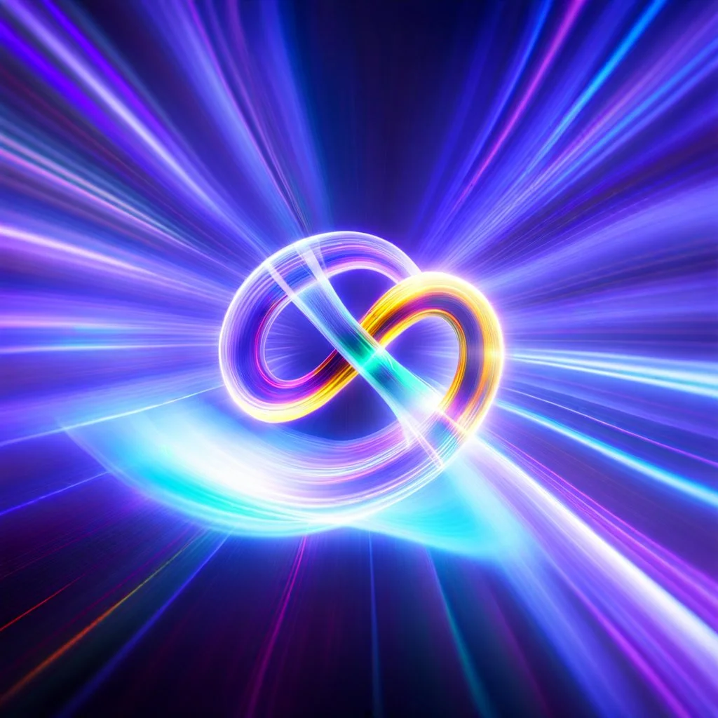 infinity symbol brightly coloured ∞ moving at warp speed, colours from infinity flowing through image with speed, DSLR with a 80mm lens, set to f/16 and a slow shutter speed of 1/15s, striking, chiaroscuro, dramatic, captivating, powerful, fantasy, beautiful, octane render, 16k post-production, artstation: award-winning: atmospheric: commanding: fantastical: clarity: ultra quality: striking: brilliance: stunning colors: amazing depth; lens: f/11, 35mm