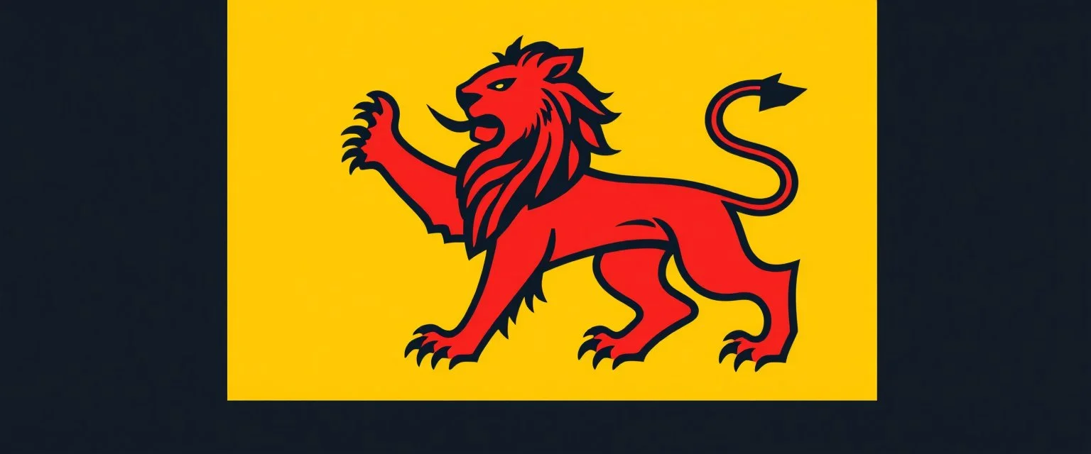 heraldry Lion, full body , black outline and red interior on yellow background, simplified vector logo