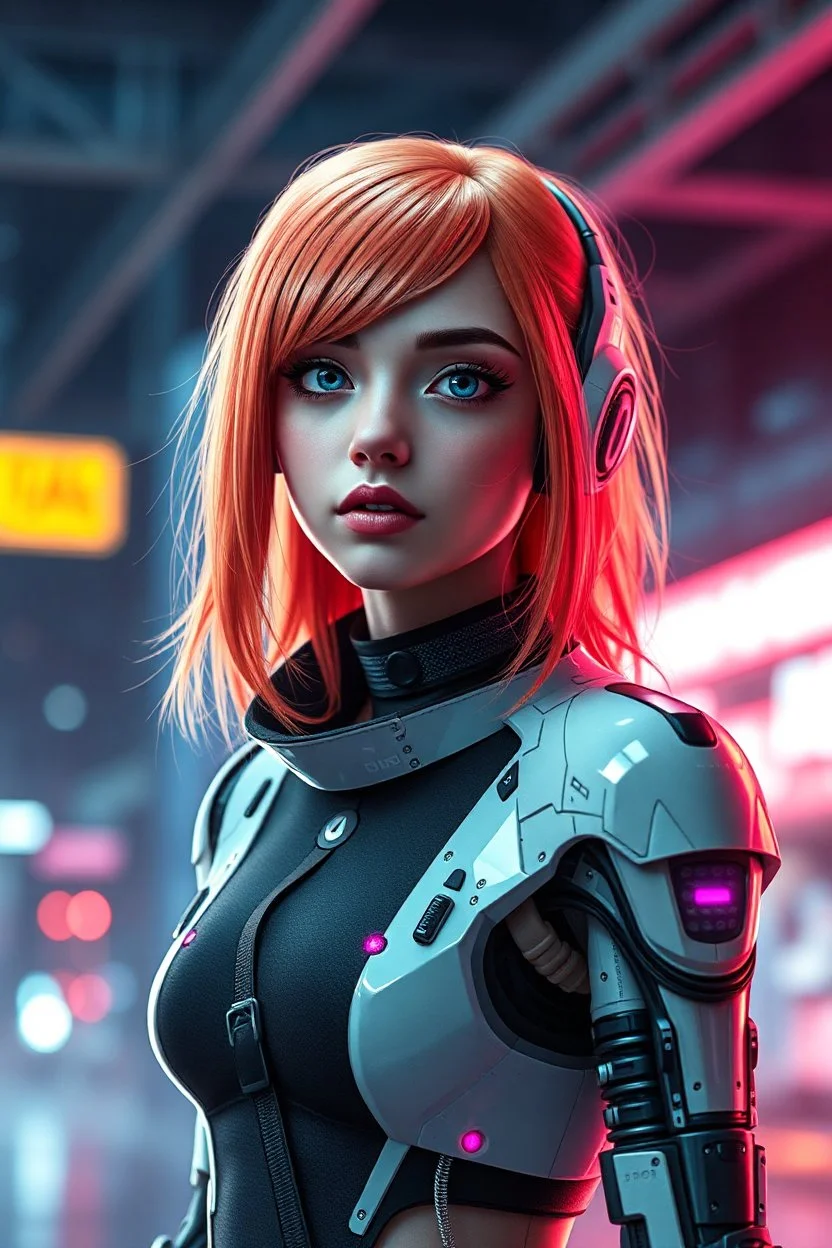a pretty cyberpunk girl, cyborg, bright hair, young, futuristic, dystopia