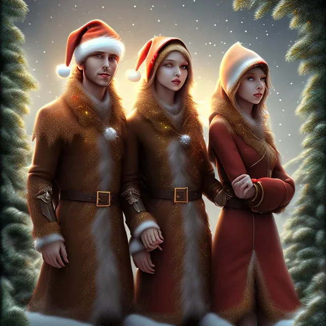 two elves. woman and man. Christmas scene. photorealistic. low-key