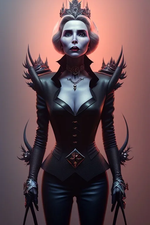 Constance Langdon as evil queen in black leather, leather, busty, cleavage, angry, stern look. character design by cory loftis, fenghua zhong, ryohei hase, ismail inceoglu and ruan jia. unreal engine 5, artistic lighting, highly detailed, photorealistic, fantasy