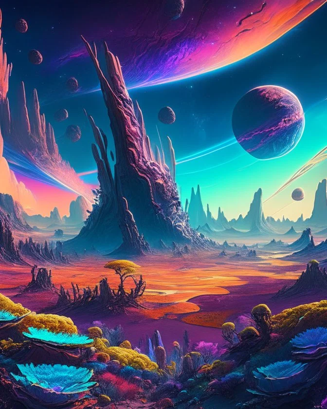 A breathtaking panorama of an alien landscape, with towering crystalline formations, glowing flora, and a vast, multicolored sky filled with celestial wonders. The scene is filled with a sense of awe and mystery, inviting the viewer to explore the uncharted terrain and ponder the unknown. 16K resolution, vivid colors, and imaginative details make this image a feast for the eyes.