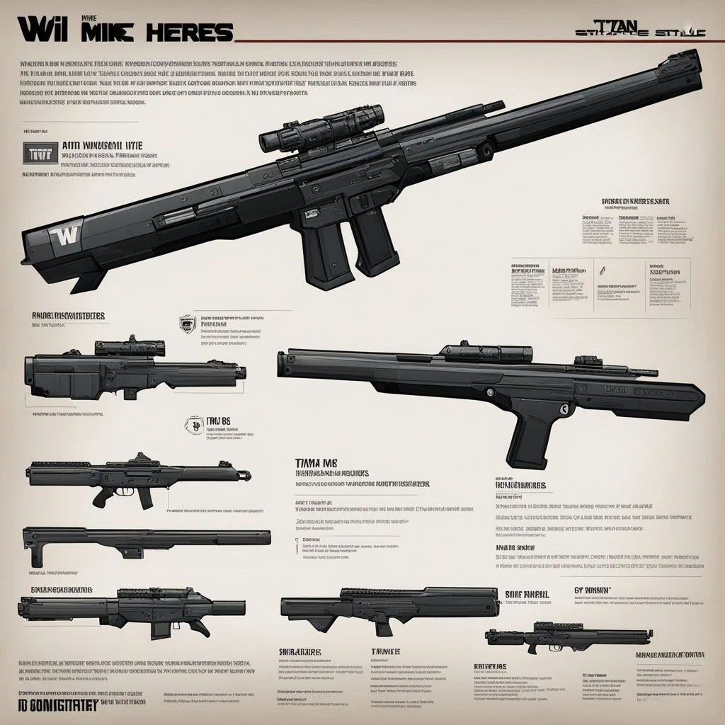 ConceptSheet for wii No More Heroes style with thick lines: A document showing The Titan Mk IV Vanguard is a state-of-the-art battle rifle designed for elite military units operating in high-stakes and off-world environments. Its robust construction, advanced targeting systems, and modular design make it a versatile and powerful weapon on the battlefield.