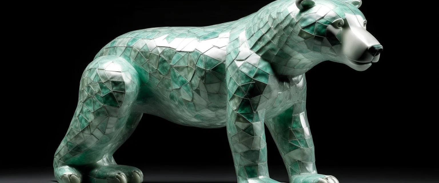 A mint colored ice elemental polar bear designed in ancient Roman mosaics painted by Peter Carl Faberge