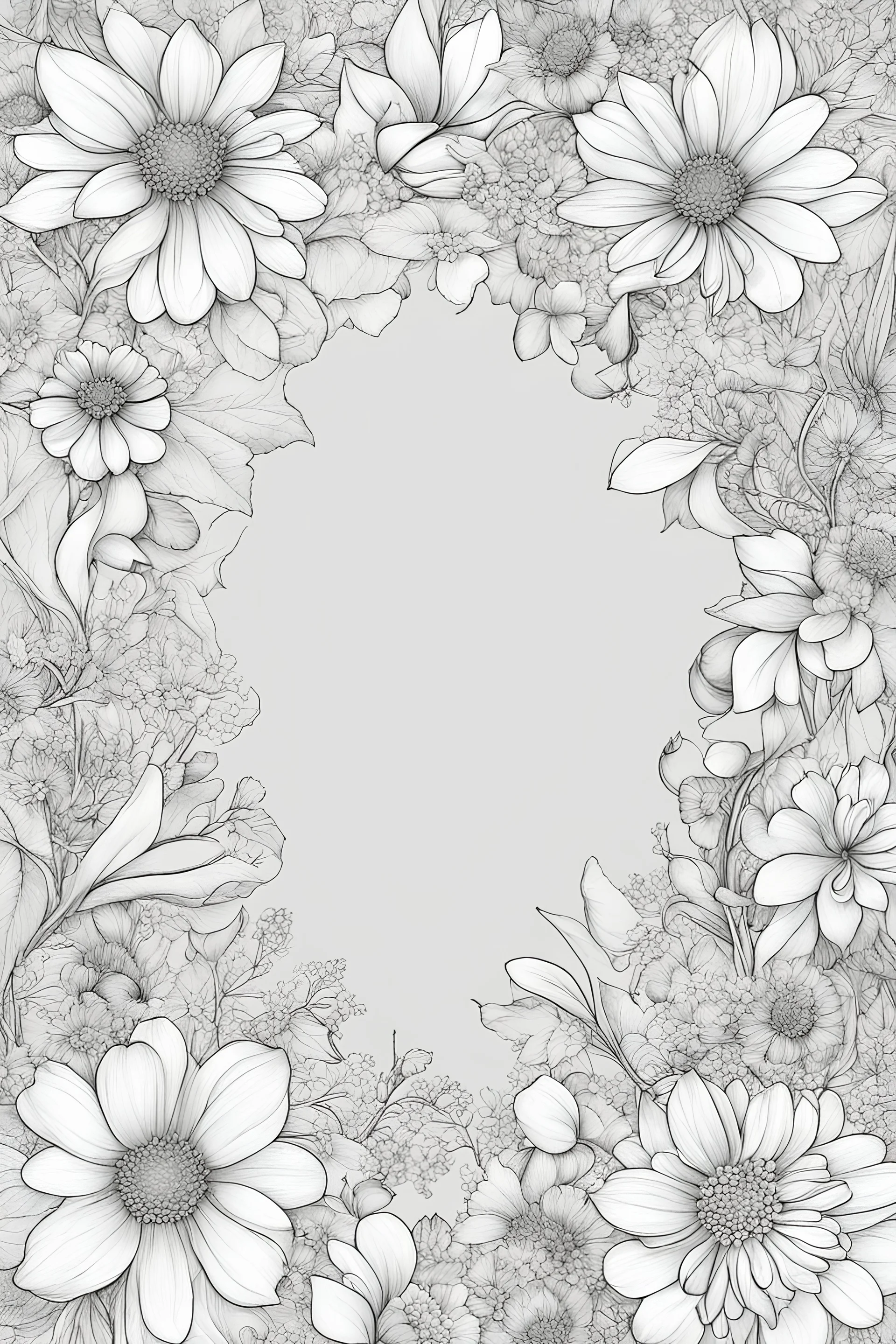 black and what floral frame for coloring pages, use only black and white, clear crisp outlines, no black background.