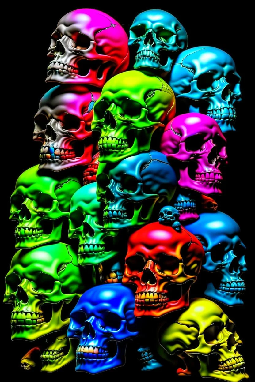 a stack of 1000 anatomically correct cartoonish skulls, vivid colors, dark comedy, well lit, high detail, photorealistic, dayglo, blacklight