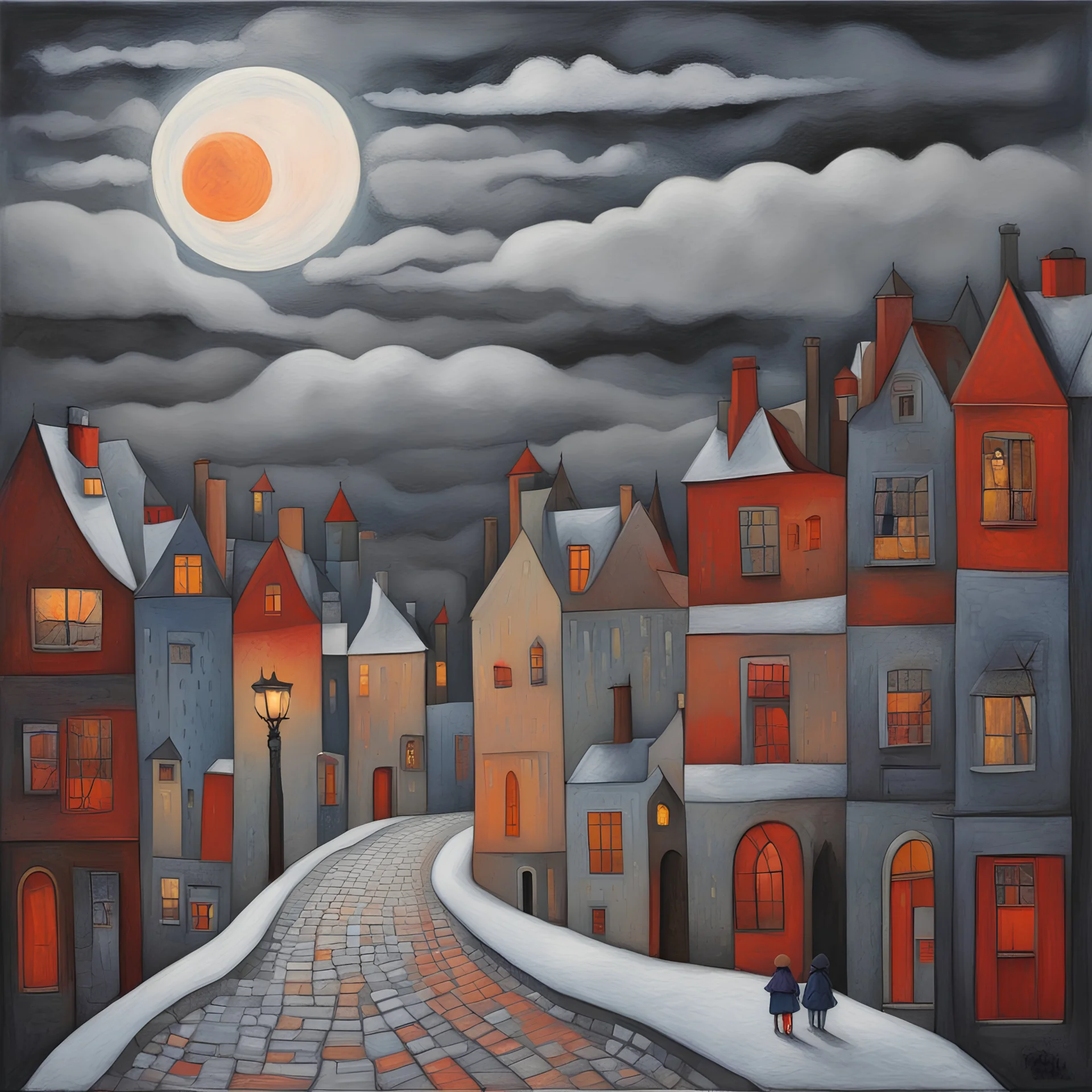 Moonlight patchwork in the style of Raymond Briggs, Laurel Burch, Randolph Caldecott, Picasso. Expressionism, oil painting, november here in my home country is depressing, late autumn morning, partial red sunrise through grey low and moody clouds, cold dampness and low mist, very thin snow patches covering ground here and there, Tallinn cityscape and people strolling along medieval cobblestone streets bordered with beautiful medieval houses, classic oil, classic artistry, beautiful brush stroke