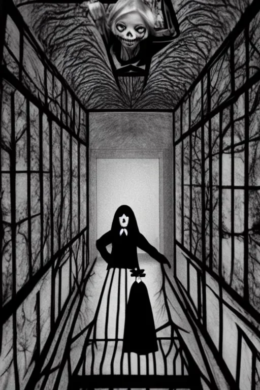 Wednesday Adams in 3d scary dark room Escher style