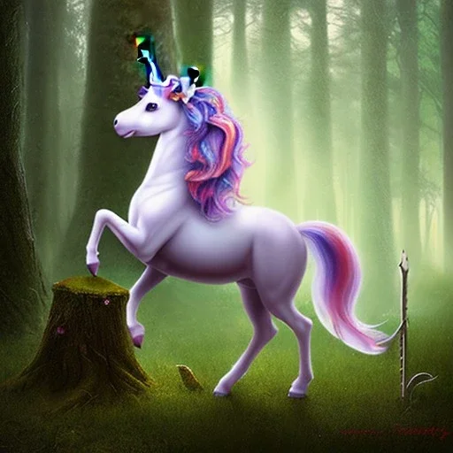 sweet unicorn with small horn in the forest of purgatory