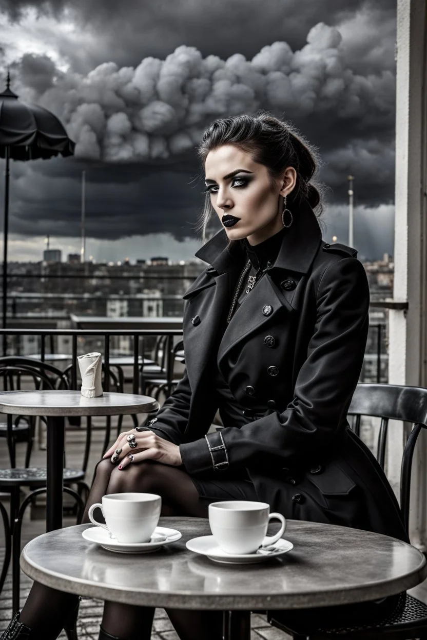 goth fashion model sitting on the coffee shop's teracce. goth black trench coat. Big black clouds on the grey sky, storm with lighting. intense white light. high detalied, sharp focus, perfect shot, professional photo