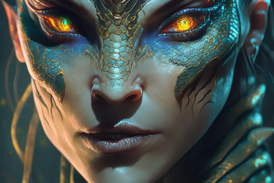 A Reptilian Female with snake eyes, tattooed skin, 4k resolution concept art portrait by Greg Rutkowski, Artgerm, WLOP, Alphonse Mucha dynamic lighting hyperdetailed intricately detailed Splash art trending on Artstation Unreal Engine 5 volumetric lighting, Boris Vallejo, triadic colors