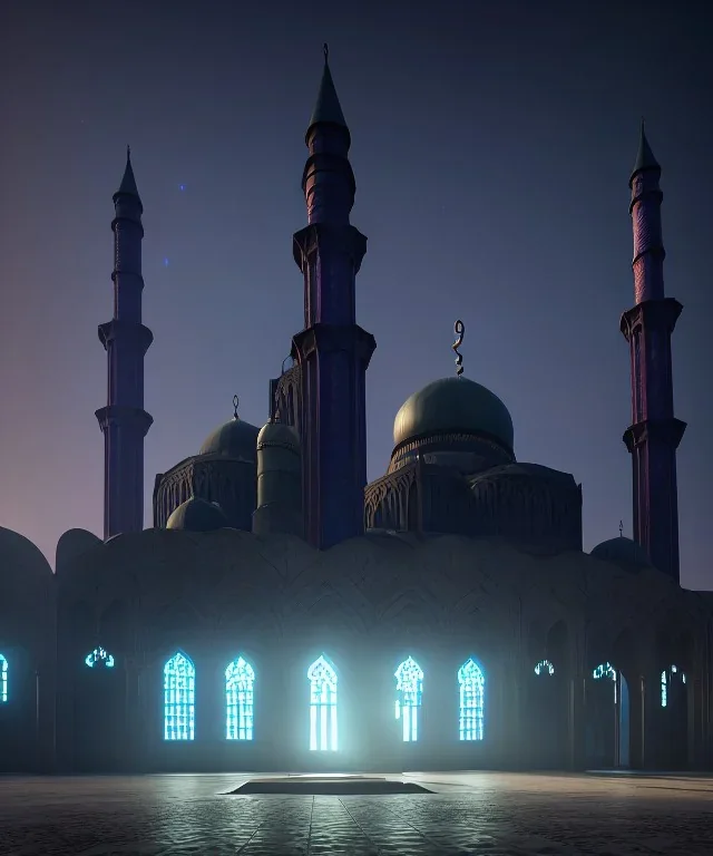 Islamic mosque deep colours in a dark setting background, post-apocalyptic , great pose,magnificent, majestic, highly intricate, Realistic photography, incredibly detailed, ultra high resolution, 8k, complex 3d render, cinema 4d.