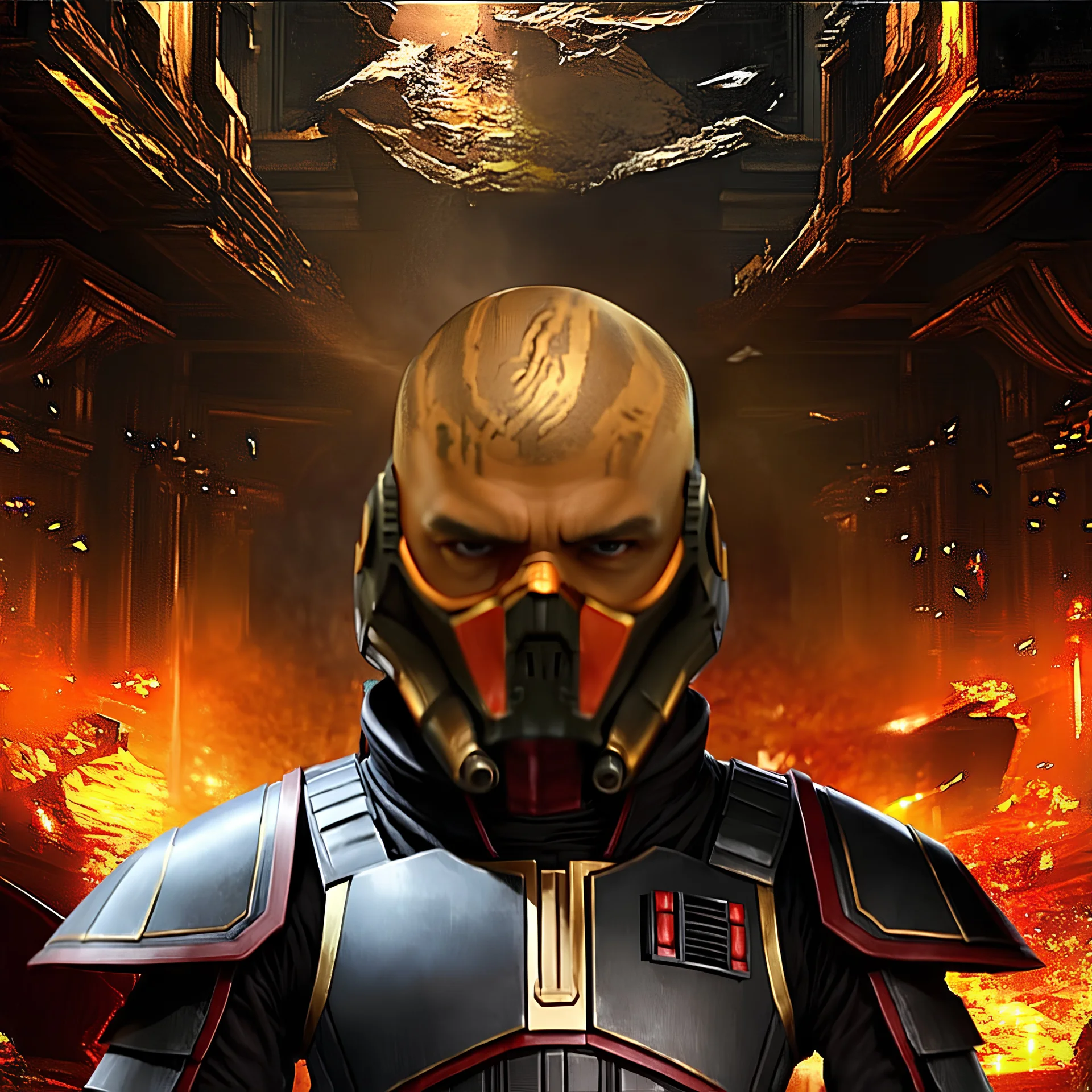 star wars bald male corellian jedi wearing gunmetal grey and black old republic armored flightsuit with gold and metallic red trim inside the jedi temple, centered head and shoulders portrait, hyperdetailed, dynamic lighting, hyperdetailed background, 8k resolution, volumetric lighting, light skin, fully symmetric details