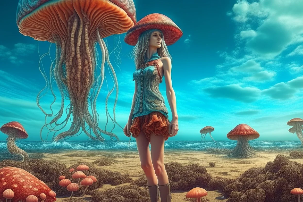 woman in a form-fitting outfit, standing on a beach of an alien world, watching mushrooms with jellyfish tentacles in the sky, photorealistic, Deep Colour, Fantastical, Intricate Detail, sunshine