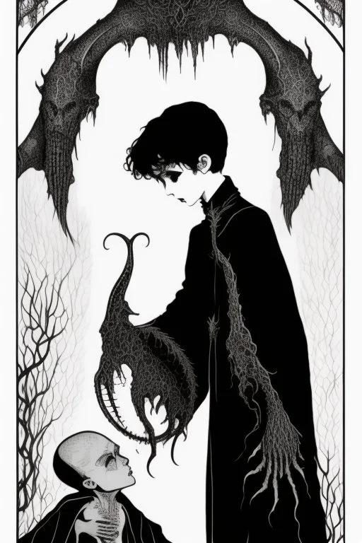 7 year old boy, necromancer, friendly, looks dead,with a long lamprey emerging from his belly , wearing black robes, in the style of Harry Clarke