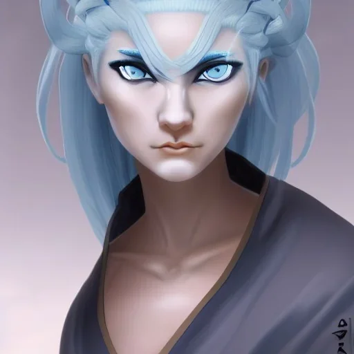 Female Air Genasi Monk with pale blue skin color, white hair, grey eyes