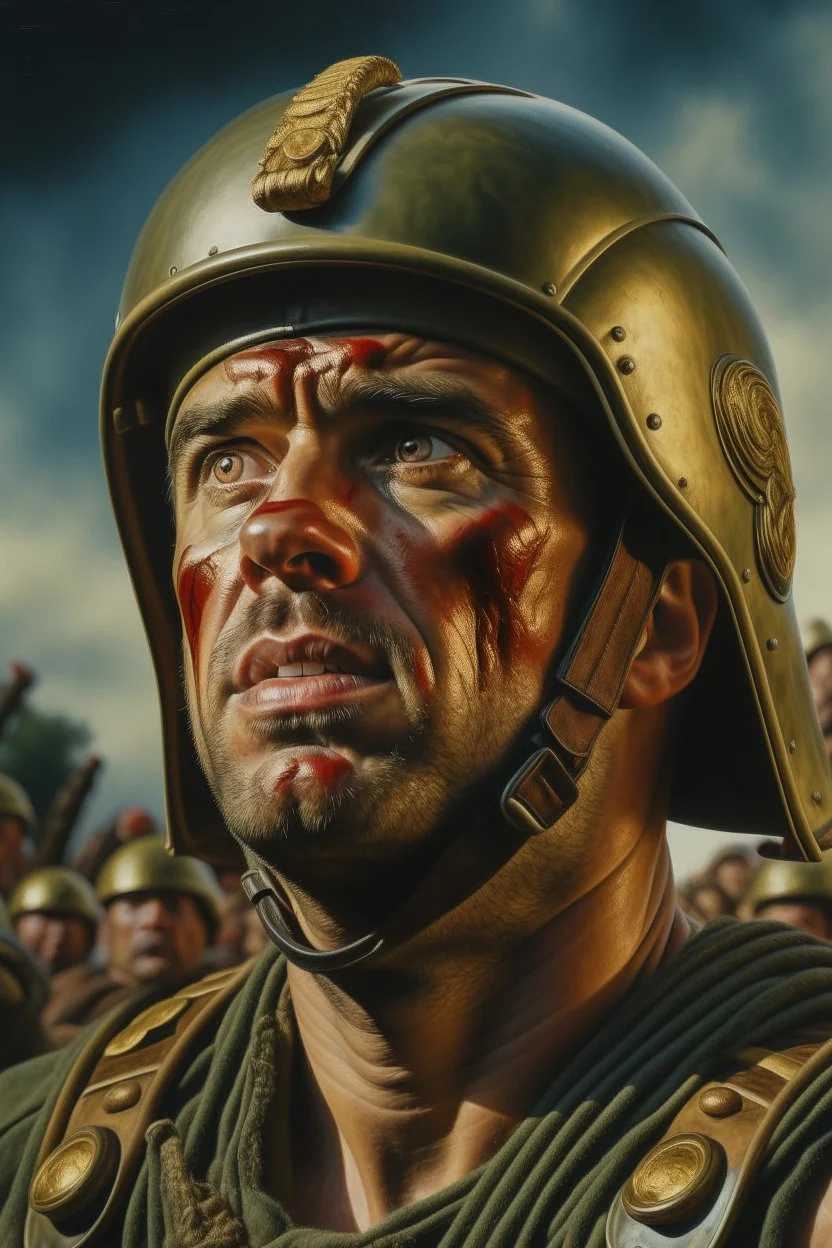 A movie poster of a Roman soldier ground level camera view looking up camera shots in the style of oil painting