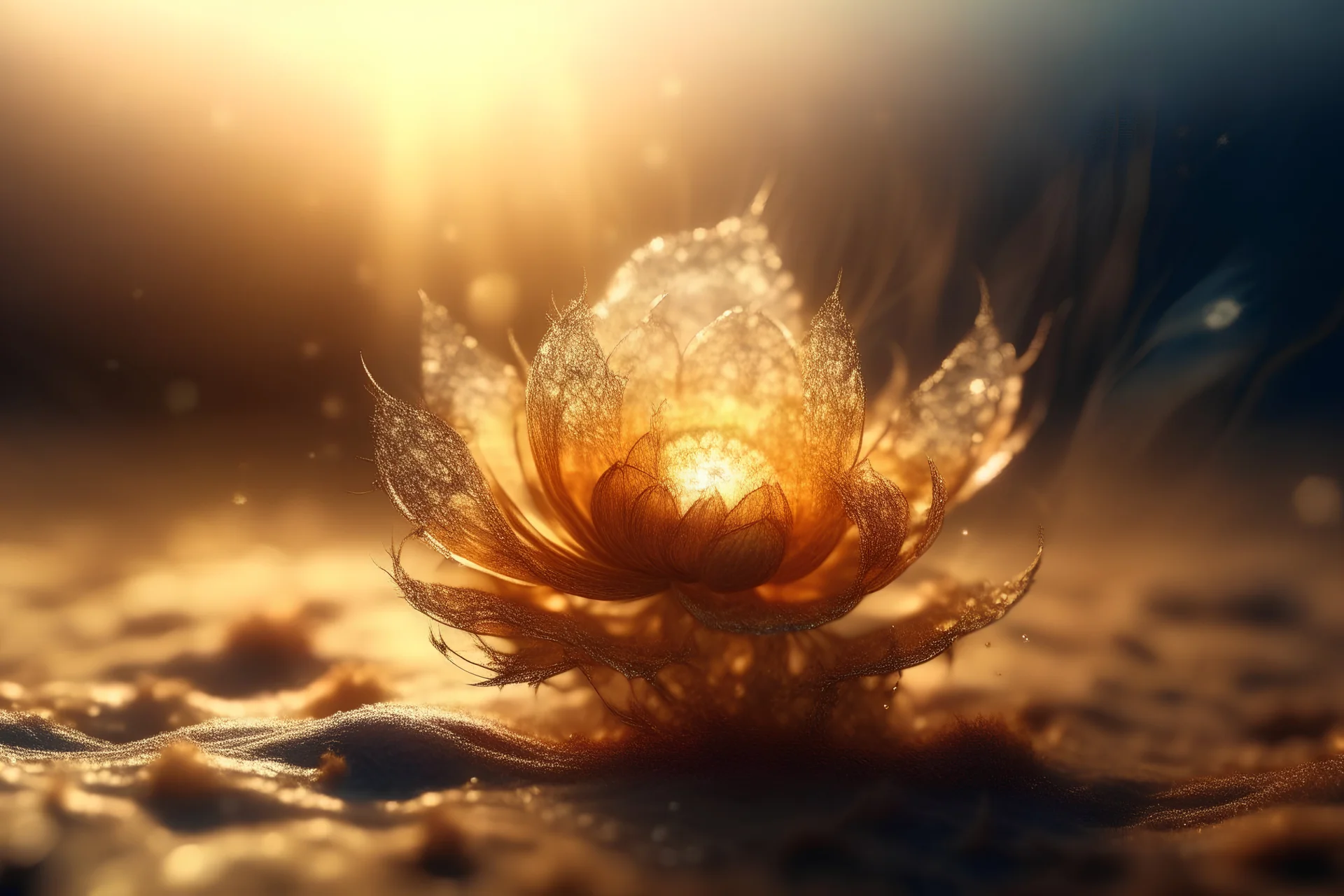 "epic close up of a luminous double exposure frozen flower, golden sunset, glittering sand, cool front illumination only, glamurous, fantasy illustration, sparks, glitter, grainy, noise, cinematic, deep depth of field, 3D, 16k resolution photorealistic, a masterpiece, breathtaking intricate details, reflective catchlights, high quality"