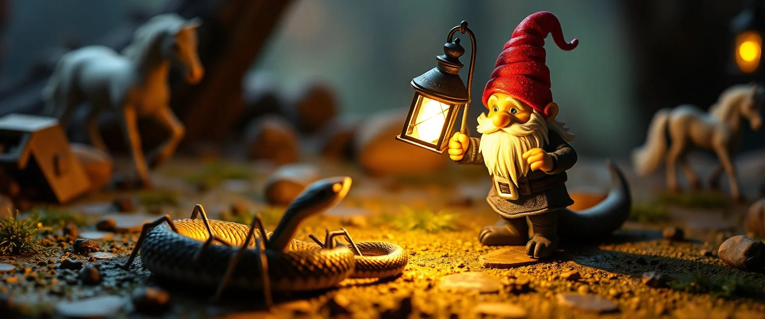 air brush 3d with pen outline, In the background, another tiny human gnome carrying an absurdly powerful lantern suddenly shines a bright spotlight directly onto the snake and performs a ridiculous little victory dance. A tiny spider crawls across the board while a miniature unicorn calmly wanders through the background. Detailed miniature fantasy environment, expressive gnome faces, exaggerated physical comedy, realistic materials, cinematic camera movement, shallow depth of field, warm lantern