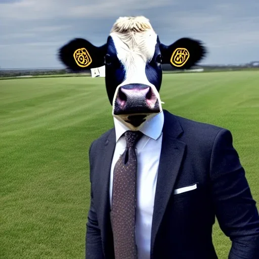 A cow wearing a suit and tie