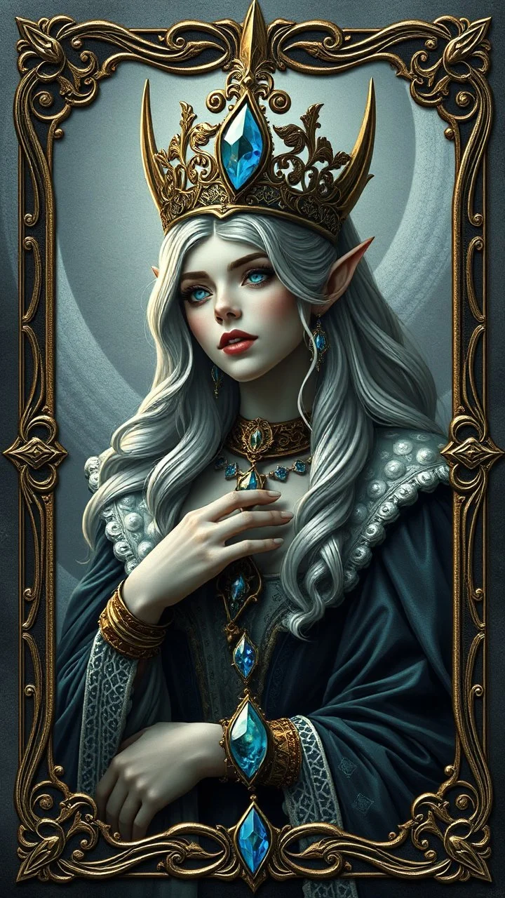 elven queen with gem card with ornate frame