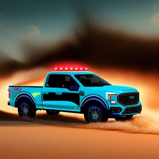 Ford F150 Hydro Blue 2022 Truck on a Red Sand Beach at sunset