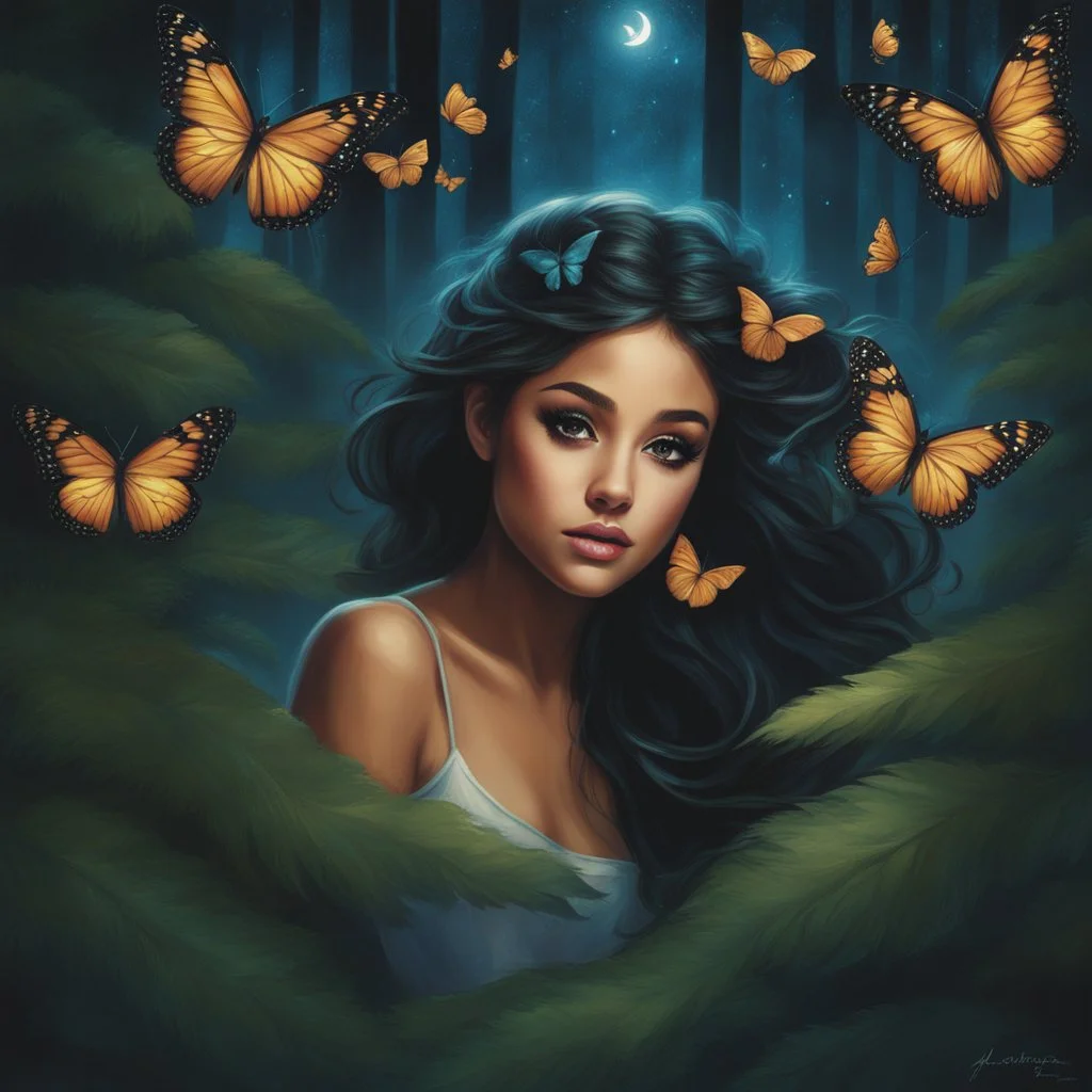 Painting of a beautiful girl, beautiful, pretty face, young girl, fantasy art, Ariana Grande's face, dream, trees, forest, dark night, song, glitter butterflies, fantasy