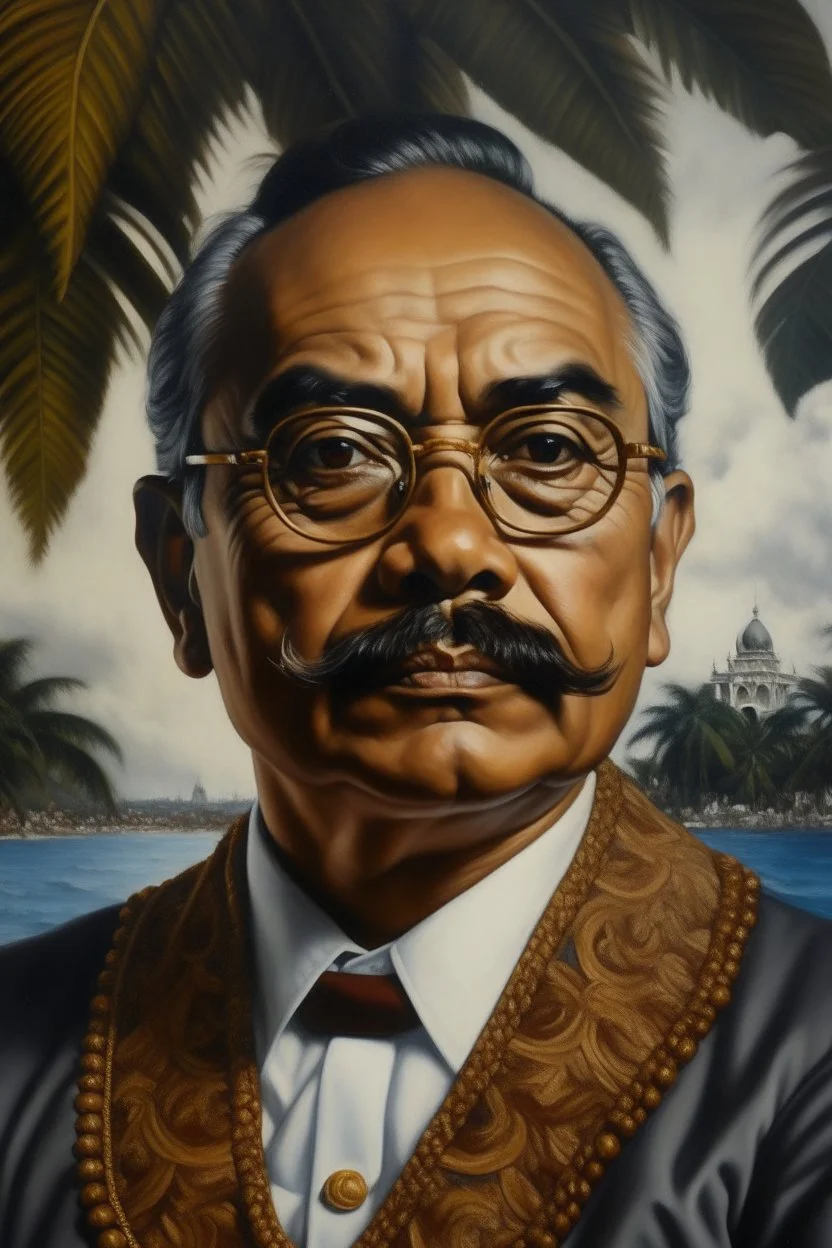 Painting portrait of samoan king with glasses and mustache and palace in the background