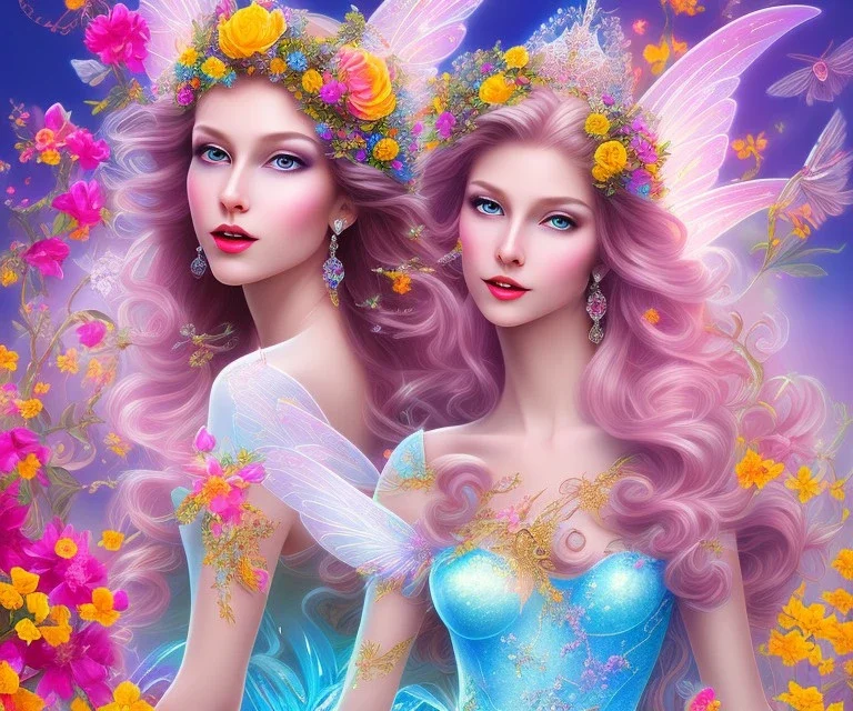 beautiful bright fairy portrait who smiles with long hair, thin face, two hands, two transparent wings on her back in a pink,blue, yellow flowers background,