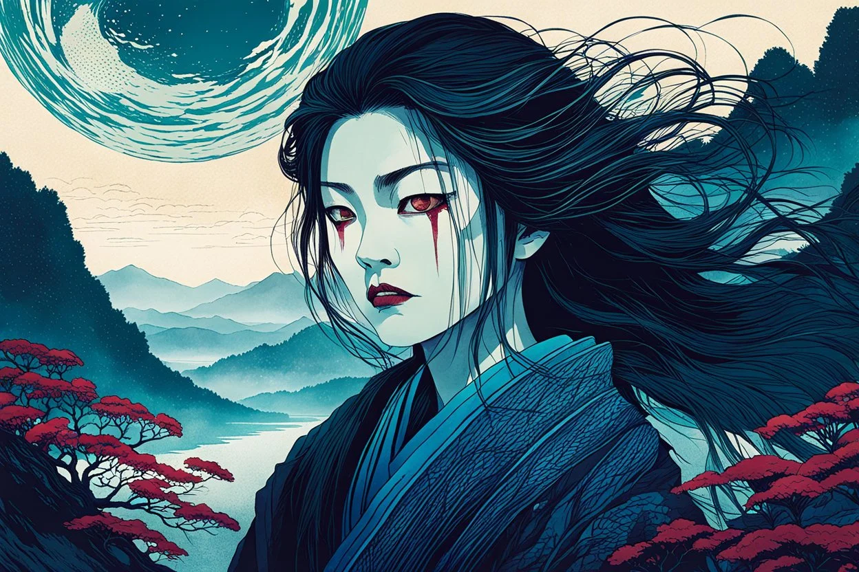 create an imaginative print illustration of an ethereal, otherworldly gaunt and withered ancient female Vetala Yokai vampire , in the style of Hasui Kawase , Shiro Kasamatsu combined with the graphic novel style of Bill Sienkiewicz, with highly detailed feminine facial features