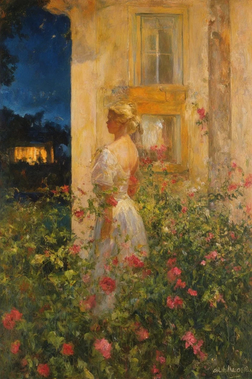 Night, vegetations, flowers, one woman looking at a distant house, mistery, gothic horror films influence, gustave caillebotte, and gustave moreau paintings