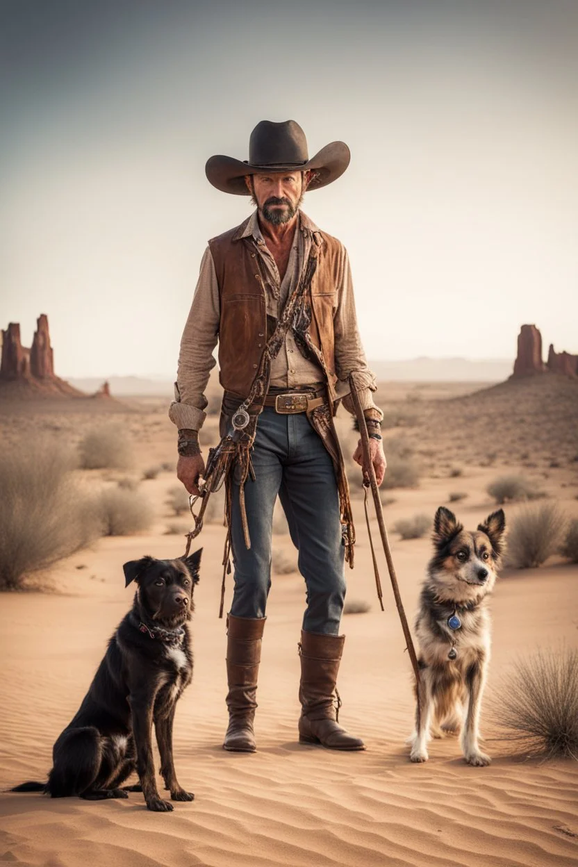 Full body cowboy in a desert with a dog and fancy walking stick