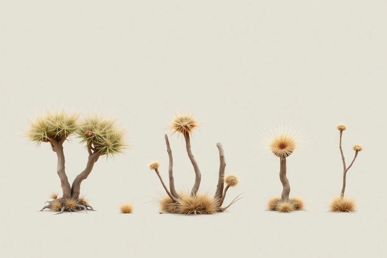"Isolated concept art of multiple types of alien tree plant on a plain neutral background. Designed for Desert biome – dry, spiky, brittle grass with sharp edges, , and pale dusty colors