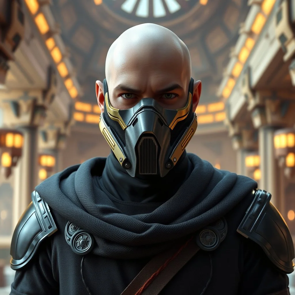 star wars bald male corellian jedi wearing gunmetal grey and black old republic armored flightsuit and breath mask with gold and metallic red trim inside the jedi temple, centered head and shoulders portrait, hyperdetailed, dynamic lighting, hyperdetailed background, 8k resolution, volumetric lighting, light skin, fully symmetric details