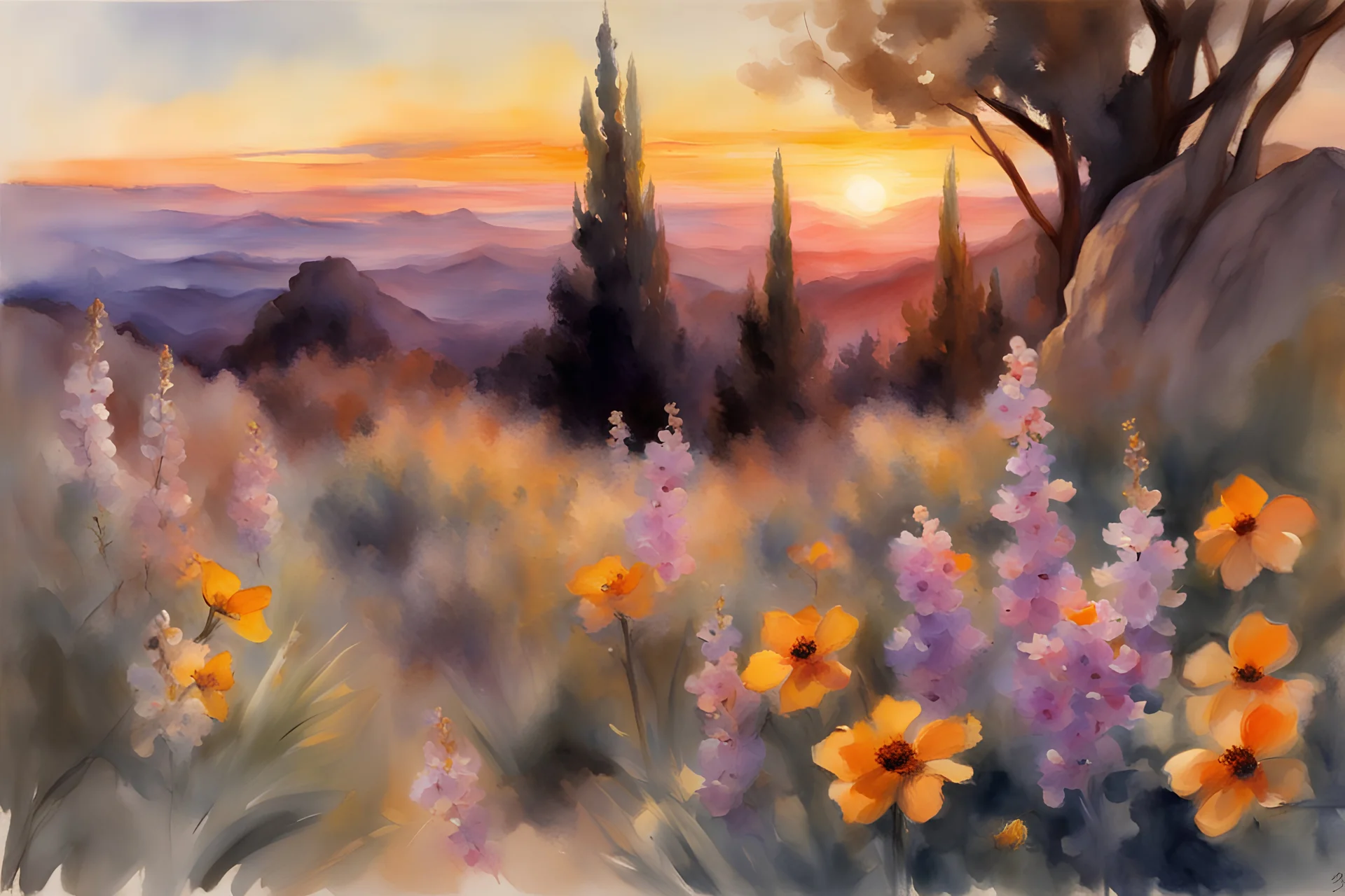 Amazing beautiful sunset, flowers, rocks, mountains, trees, sci-fi, fantasy, epic, john singer sargent watercolor paintings