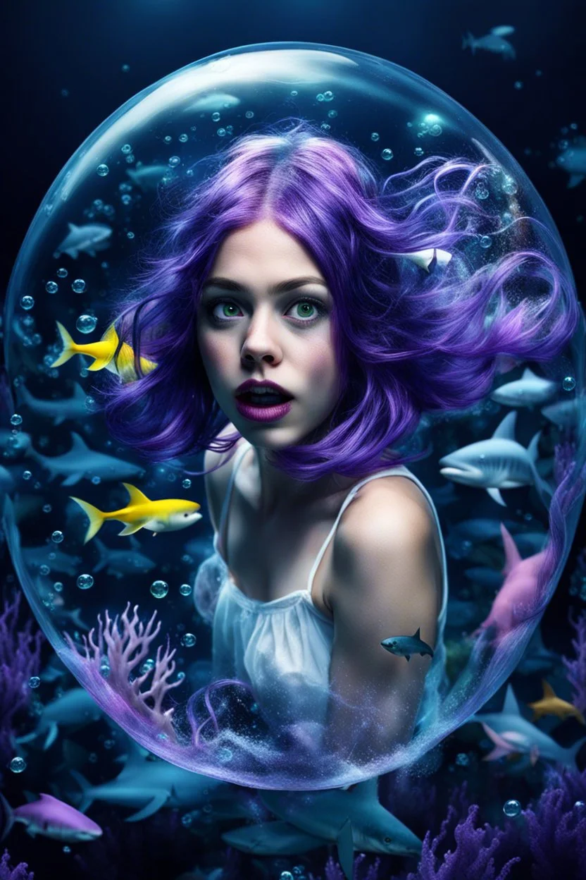 A purple-haired girl locked in a bubble under the sea, with sharks and demon fish, scared, dark sea-colored background, only a few flashes of colorful fish around the bubble