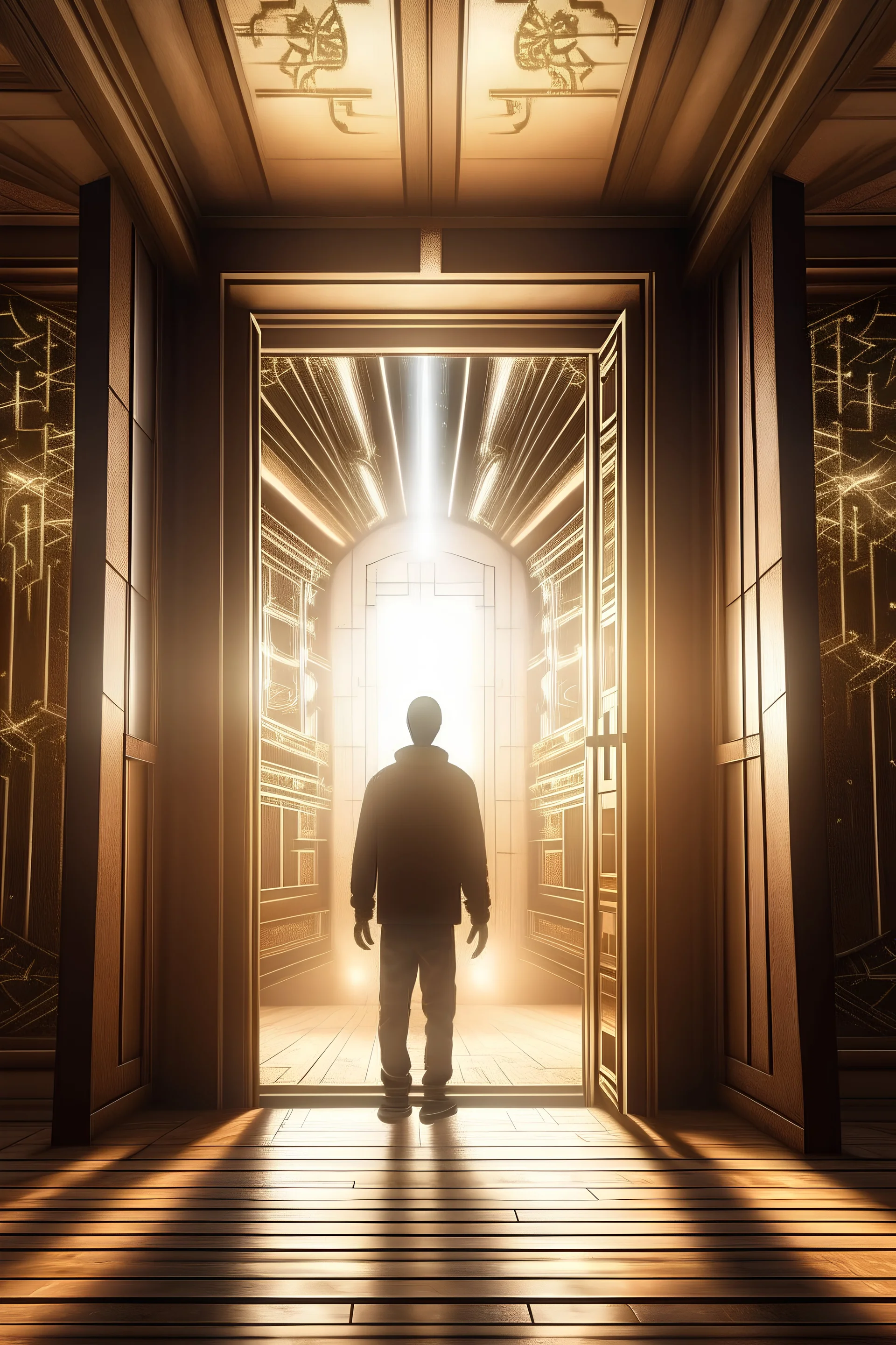 Someone is tanding looking up at a futuristic giant oak doors opened half way with a bright sunlight flooding through the doors and at the top of the artwork is written The Year of the Open Door