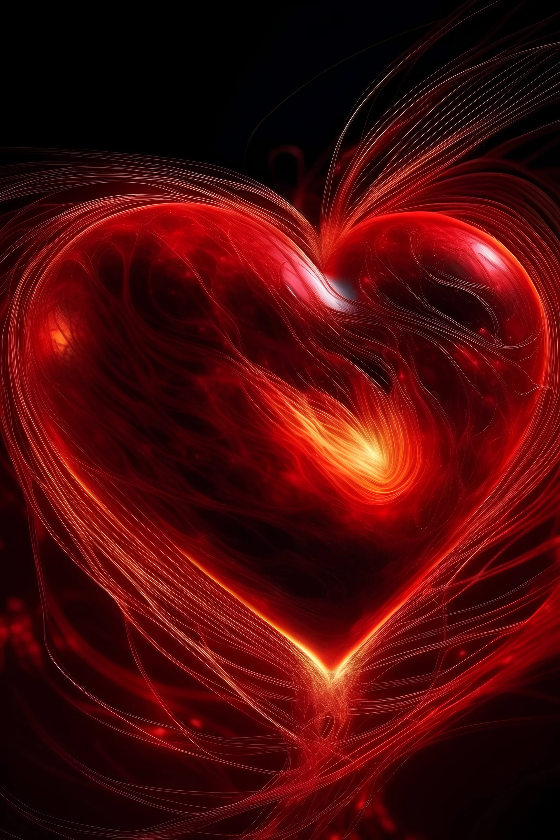 Primer plano de un corazon rojo que se estira en el medio como un elastico y emana fuego fondo de universo